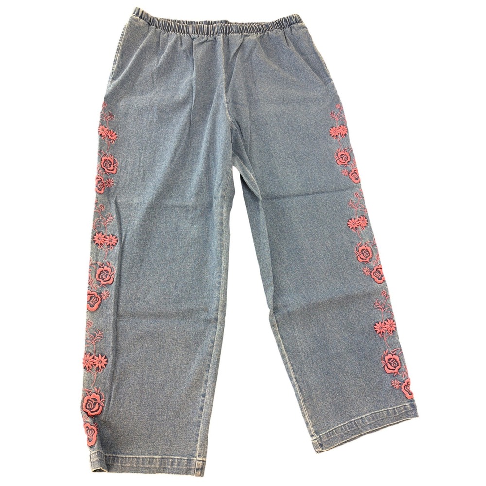 Denim&Co Denim Pink Rose Floral Embroidered Pull On Jeans 2X Pockets High Rise
